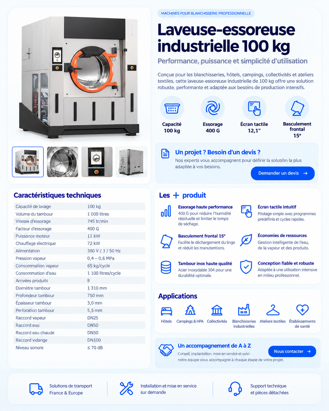Laveuse-essoreuse industrielle 100 kg avec basculement – 400 G – Écran tactile