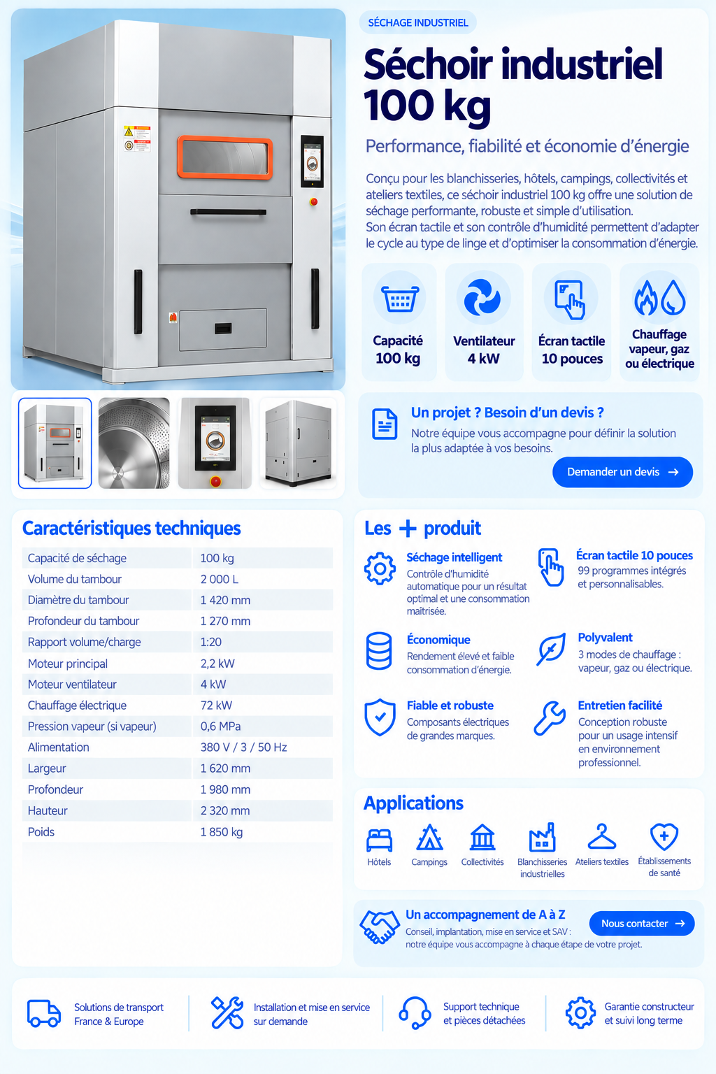Séchoir industriel 100 kg – Écran tactile – Contrôle d’humidité