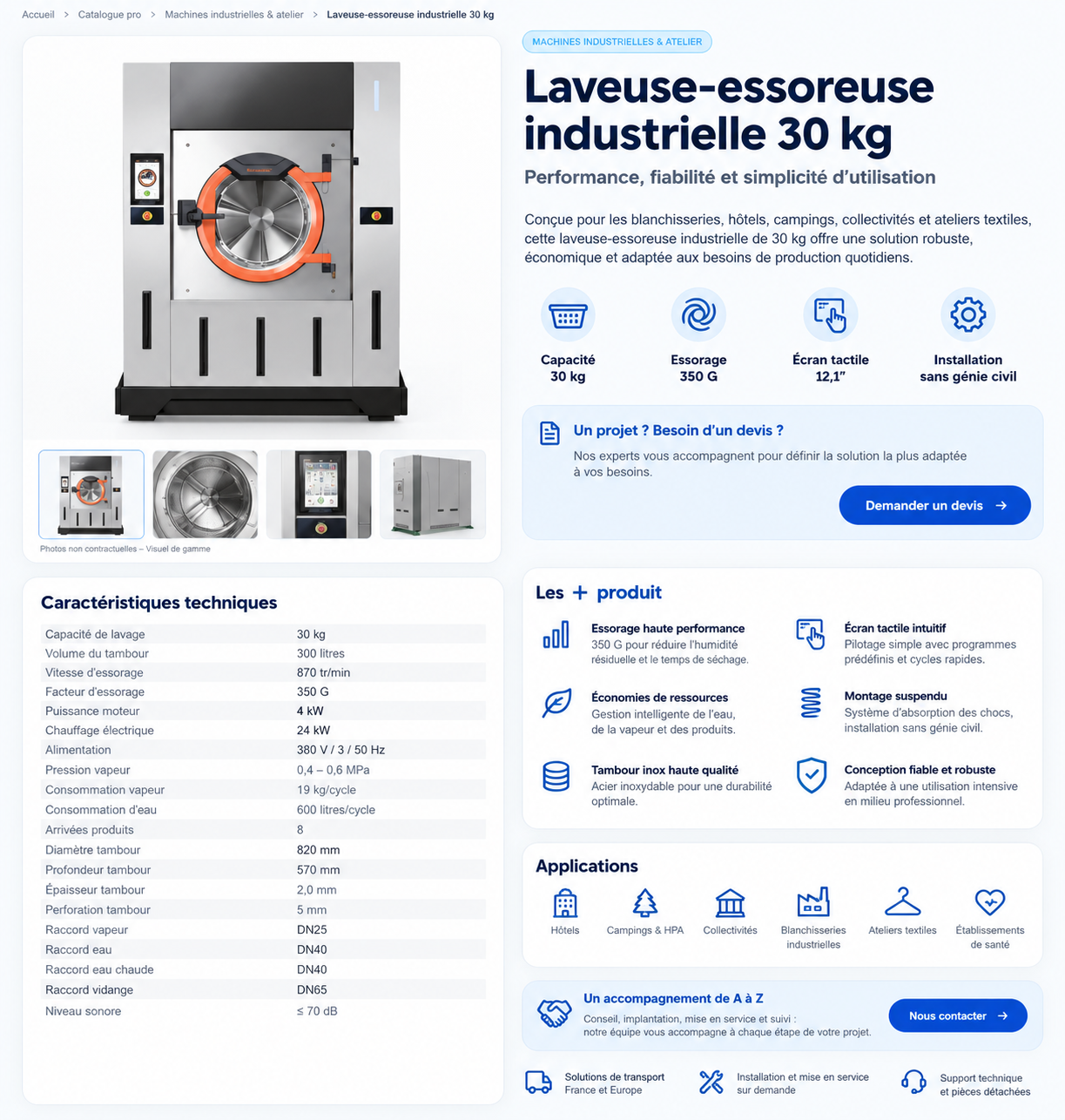 Laveuse-essoreuse industrielle 30 kg – 350 G – Écran tactile