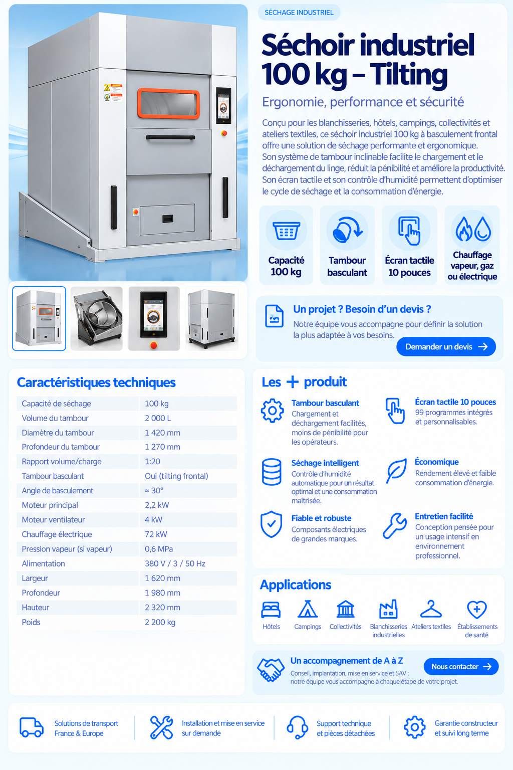 Séchoir industriel 100 kg avec basculement frontal – Écran tactile