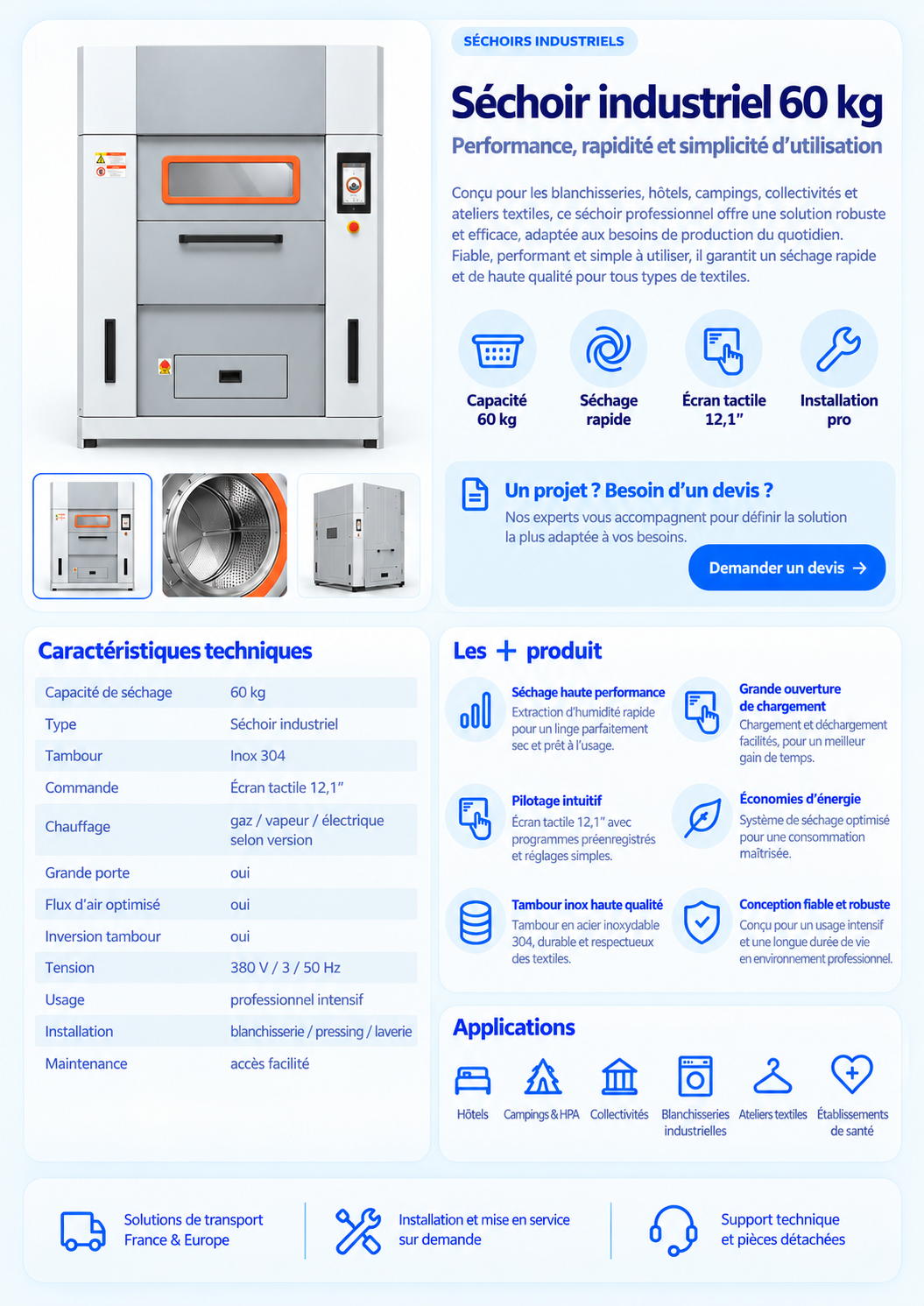 Séchoir industriel 60 kg – Écran tactile – Contrôle d’humidité
